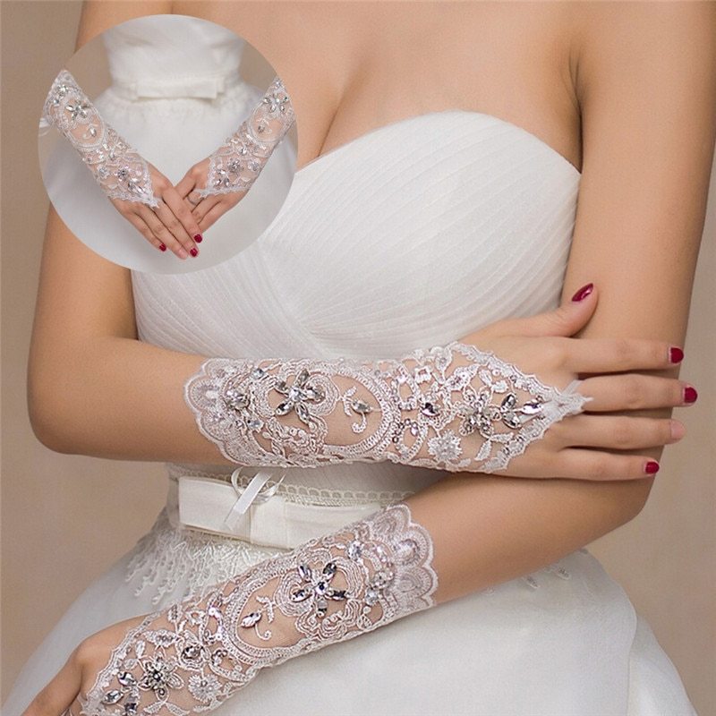 Embroidered Stretch Satin Wedding Gloves