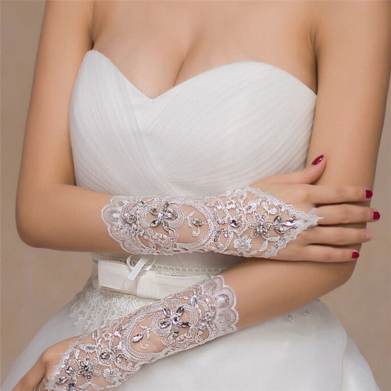 Embroidered Stretch Satin Wedding Gloves