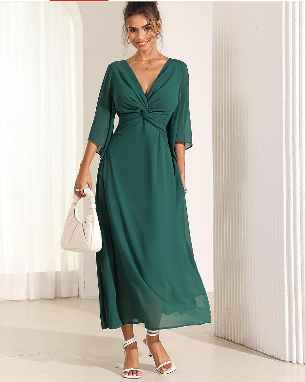 Solid Colour V-neck Bell Sleeve Dress – Elegant Mid-Length Chiffon Dress