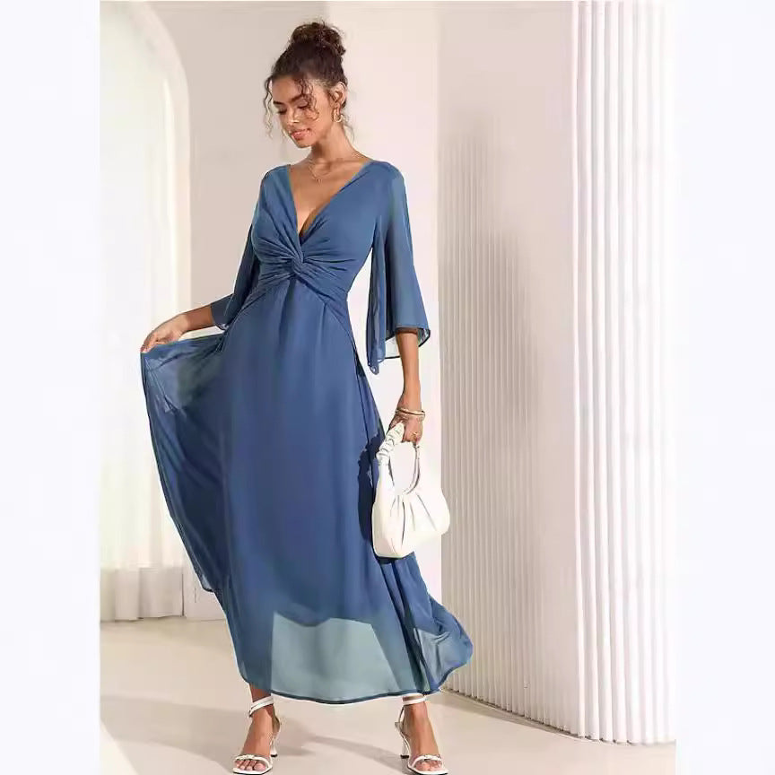 Solid Colour V-neck Bell Sleeve Dress – Elegant Mid-Length Chiffon Dress