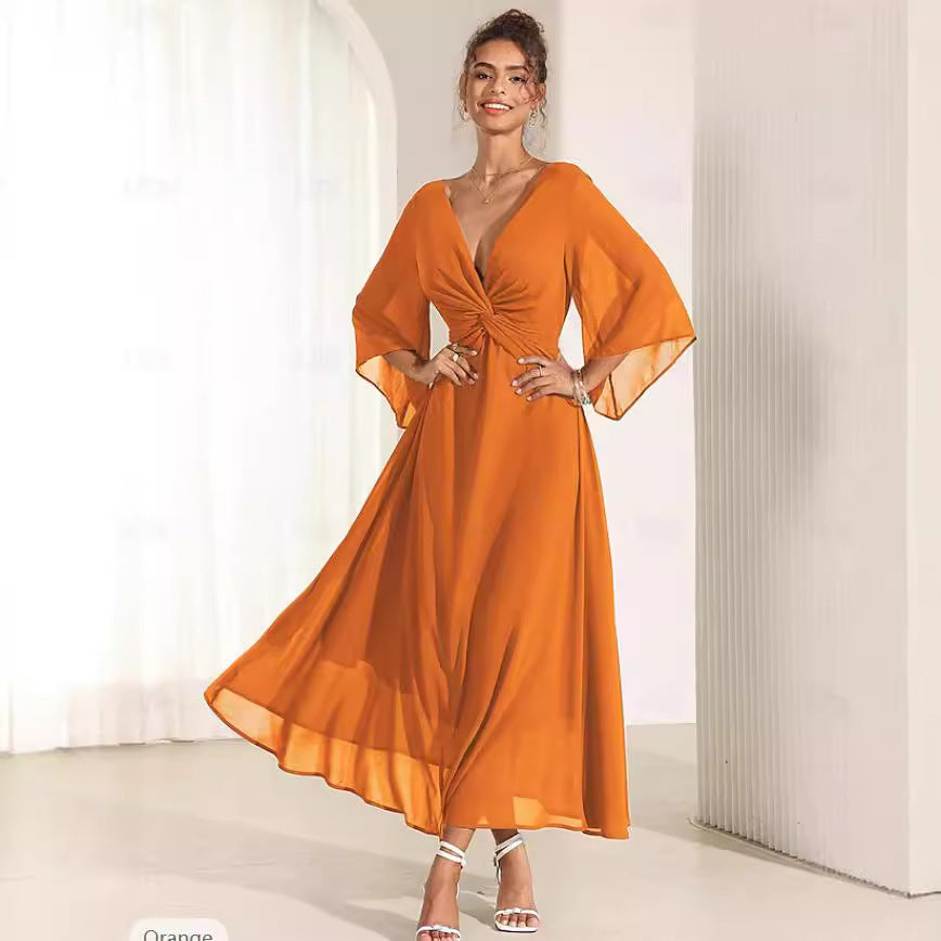 Solid Colour V-neck Bell Sleeve Dress – Elegant Mid-Length Chiffon Dress