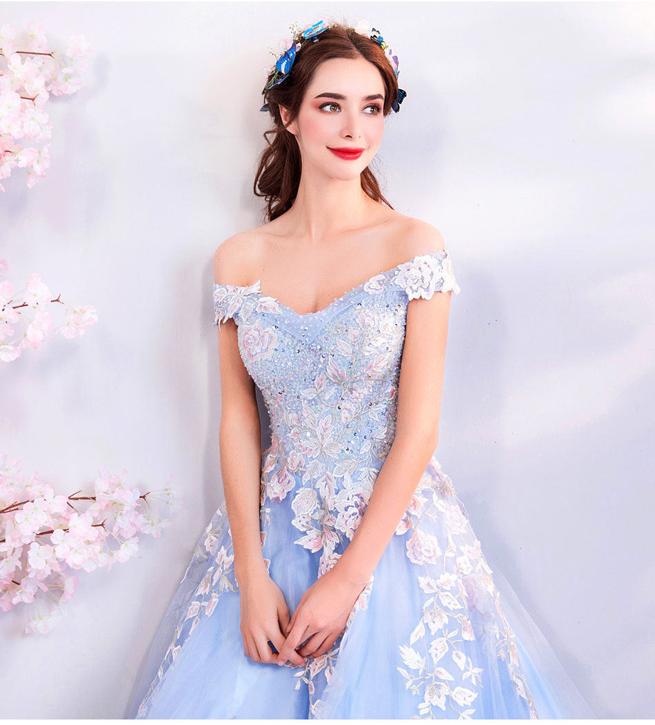 Light Blue Off-Shoulder Wedding Dress with Hand Embroidery