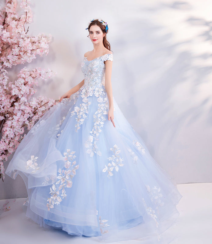 Light Blue Off-Shoulder Wedding Dress with Hand Embroidery