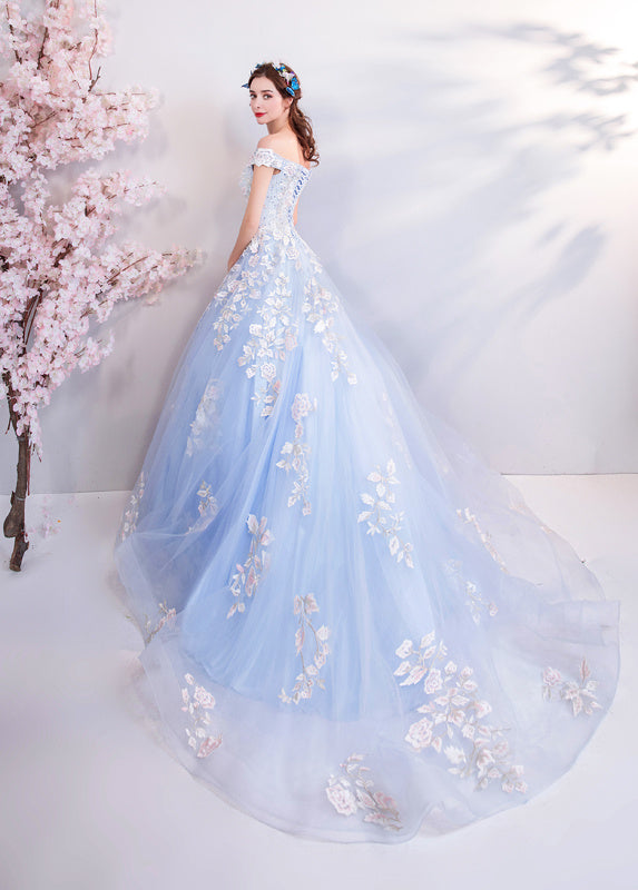 Light Blue Off-Shoulder Wedding Dress with Hand Embroidery